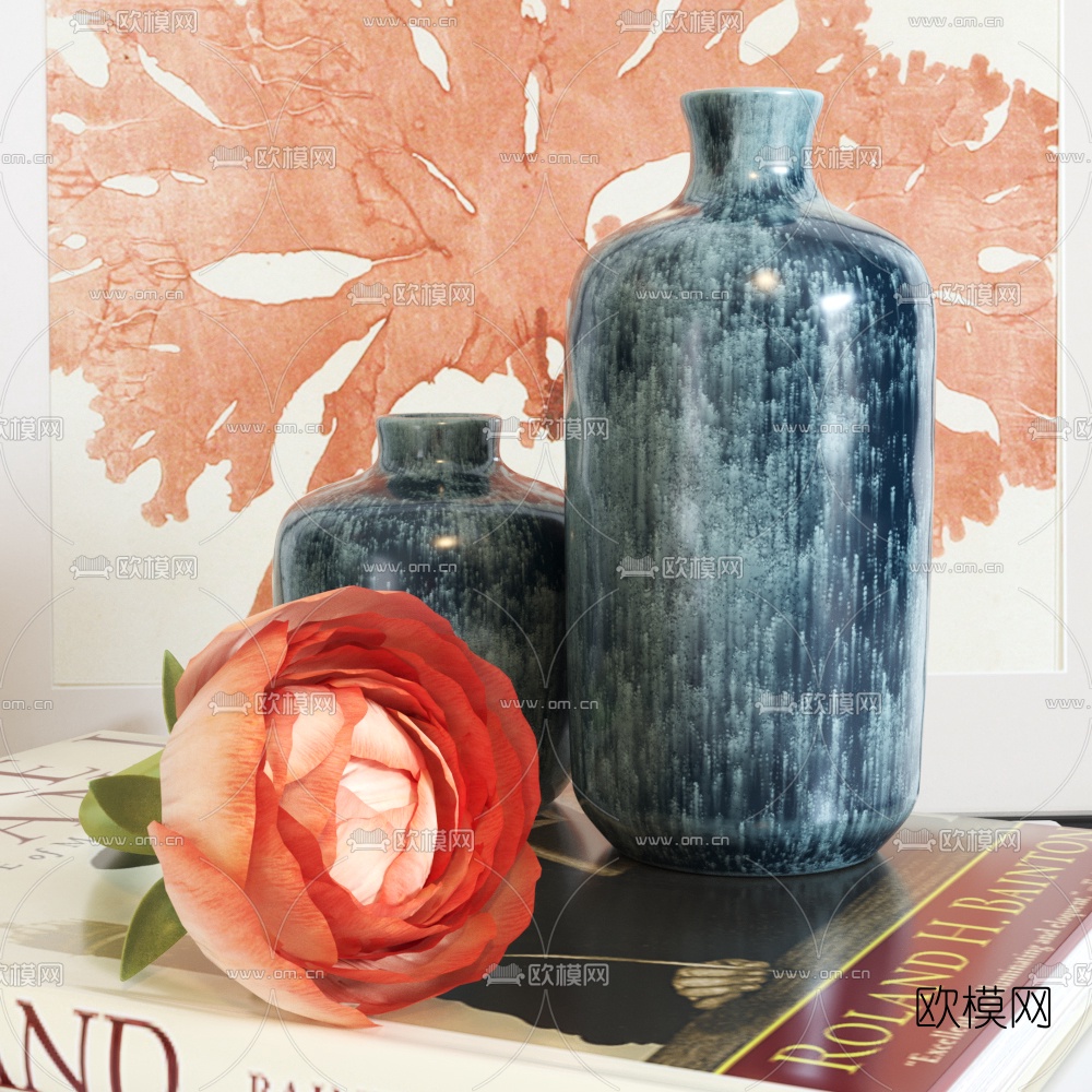 现代花瓶书籍摆件3d模型下载（渲染图2）