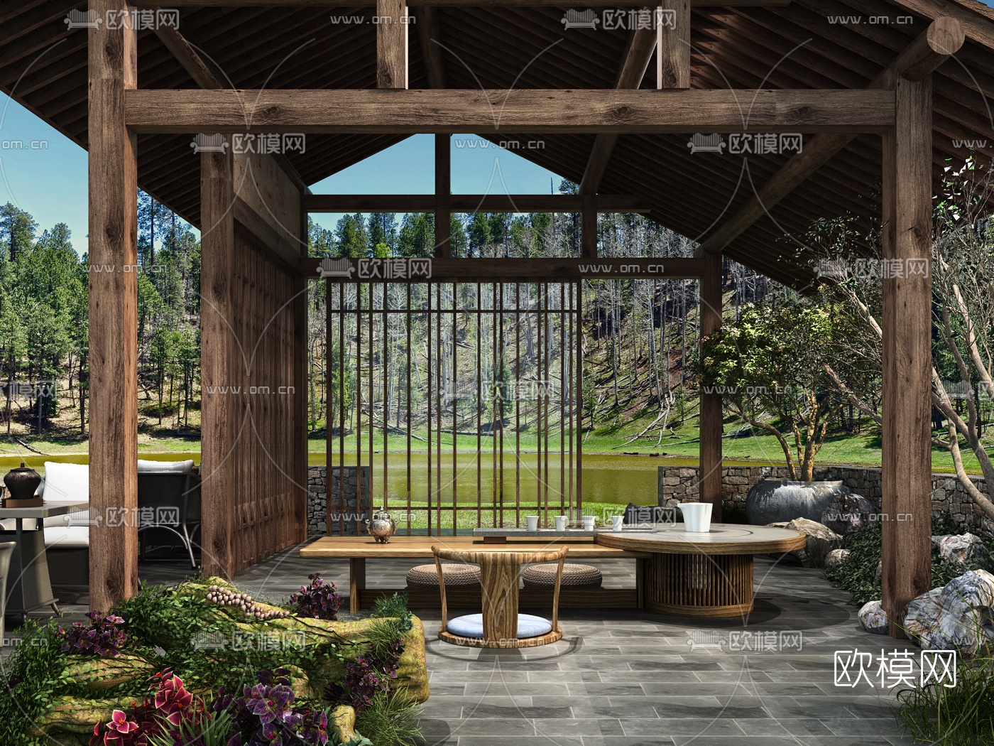 自然风茶室3d模型下载