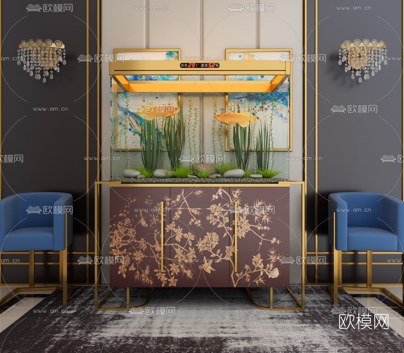 新中式轻奢鱼缸水族箱3d模型下载