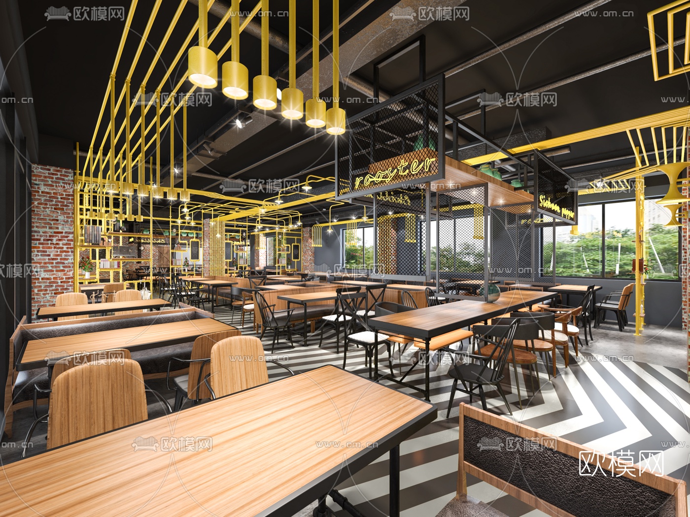 工业风员工餐厅3d模型下载（渲染图2）