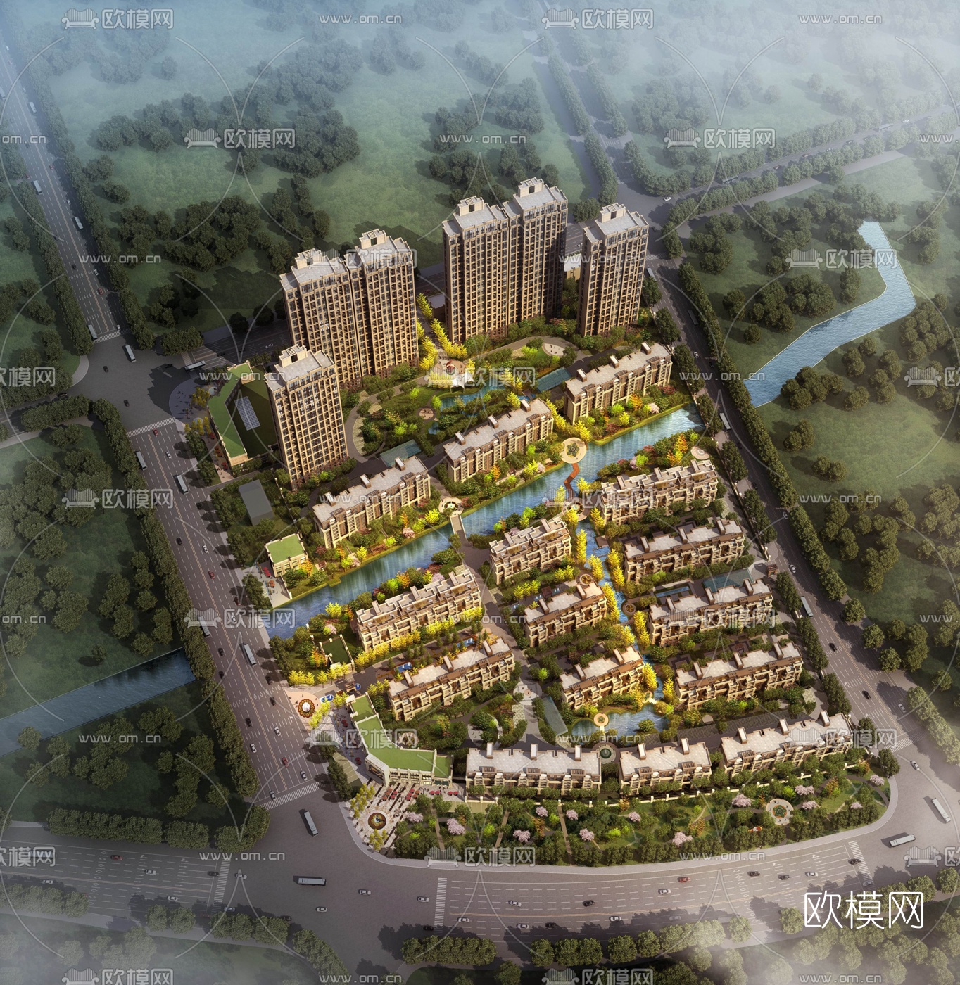 欧式住宅小区鸟瞰规划3d模型下载