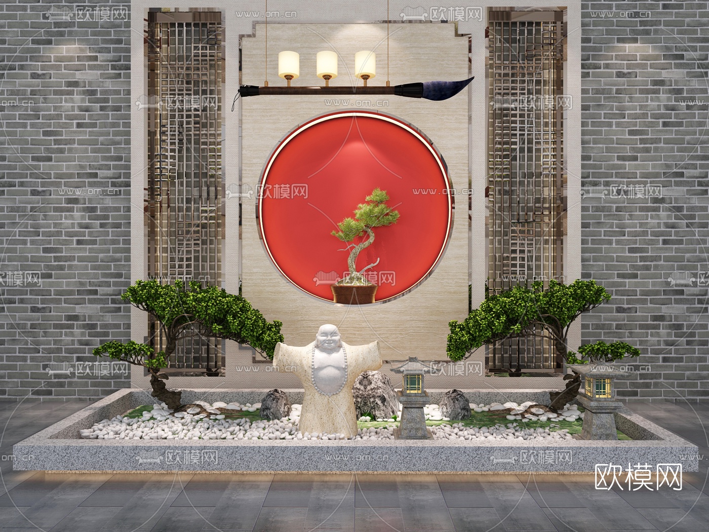 新中式禅意松树园艺小品3d模型下载