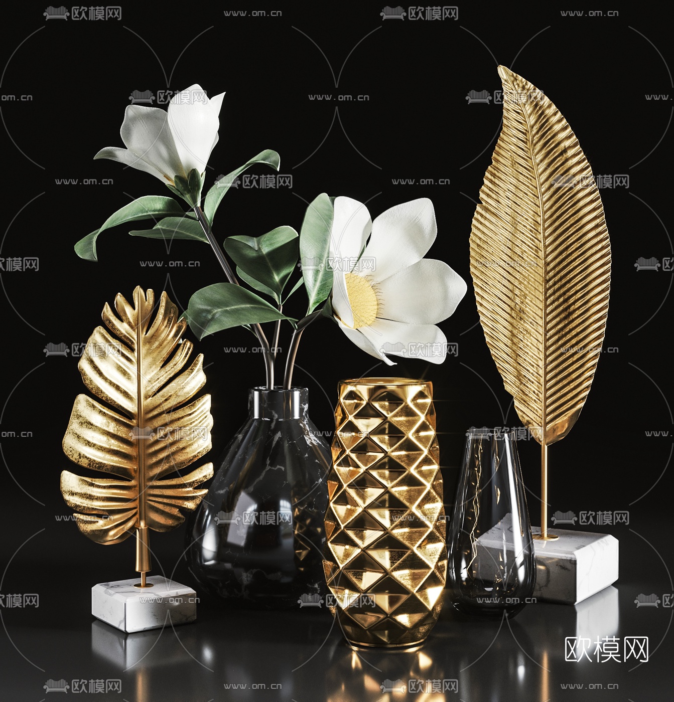 现代金属花瓶花卉饰品摆件3d模型下载（渲染图1）