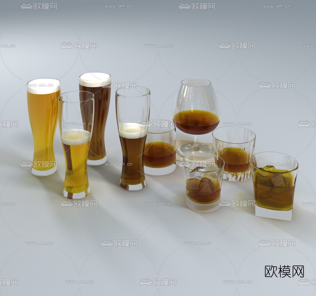 现代洋酒红酒啤酒酒杯组合3d模型下载（渲染图5）