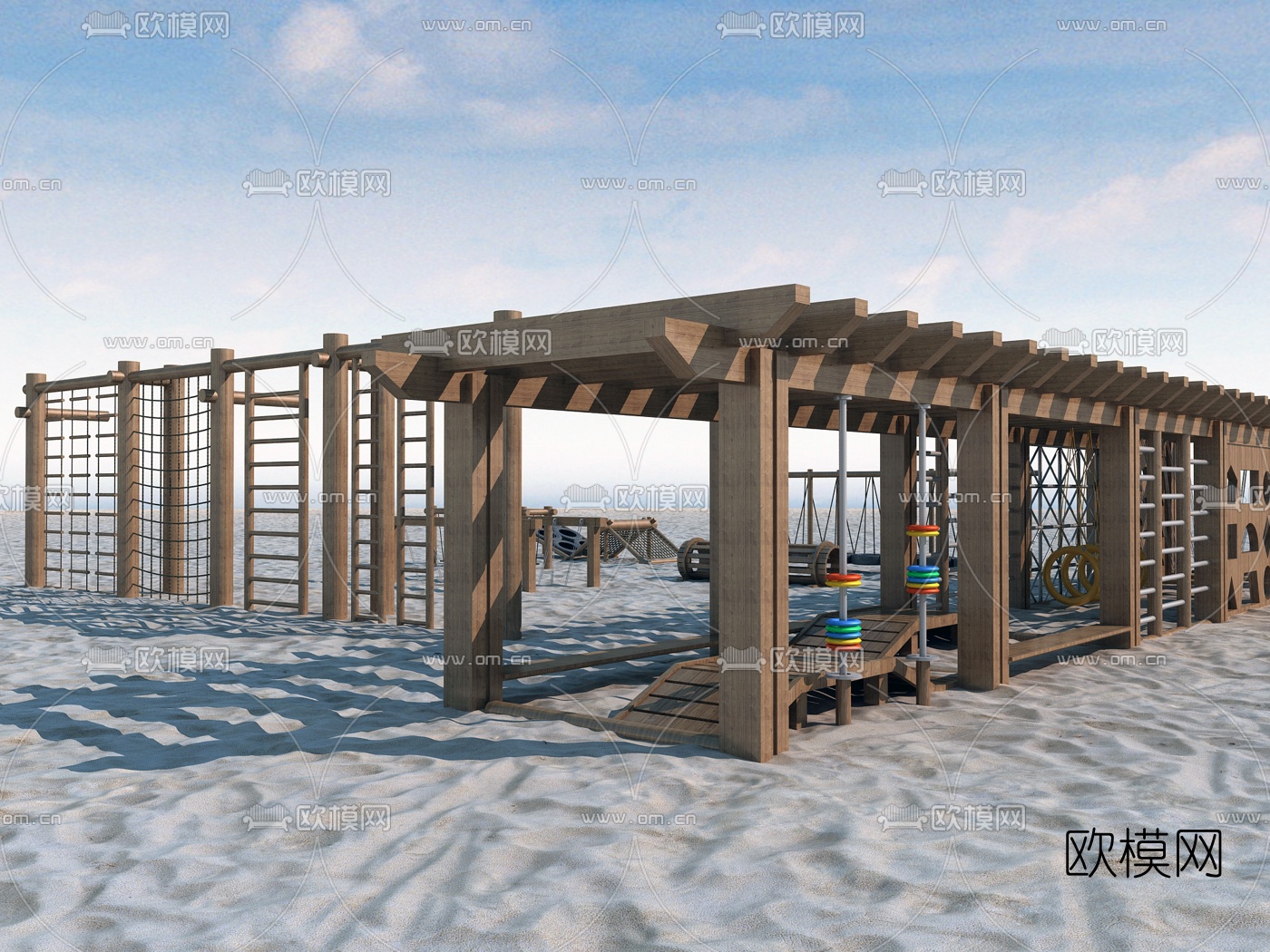 自然风儿童攀爬拓展训练设施3d模型下载（渲染图2）