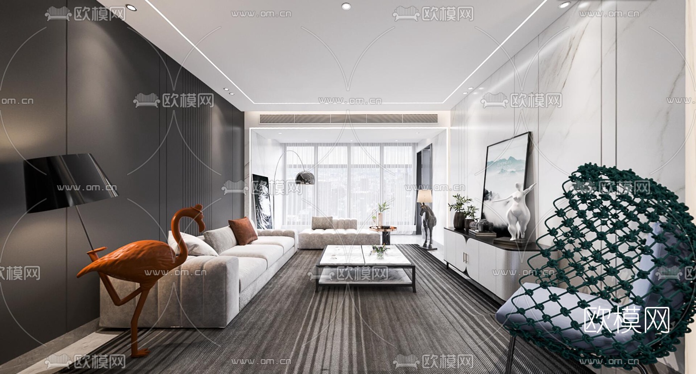 现代高级灰客厅餐厅厨房cr全景3d模型