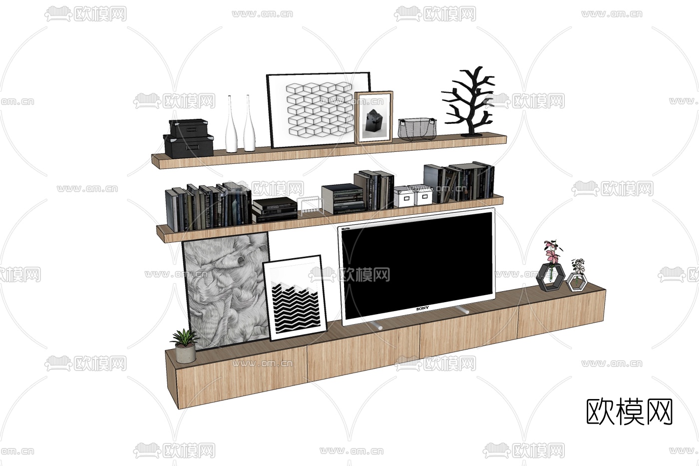 现代原木电视柜免费su模型下载