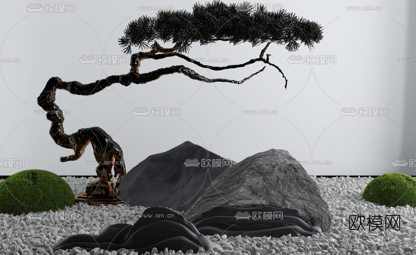 新中式松树枯山水景观小品3d模型下载