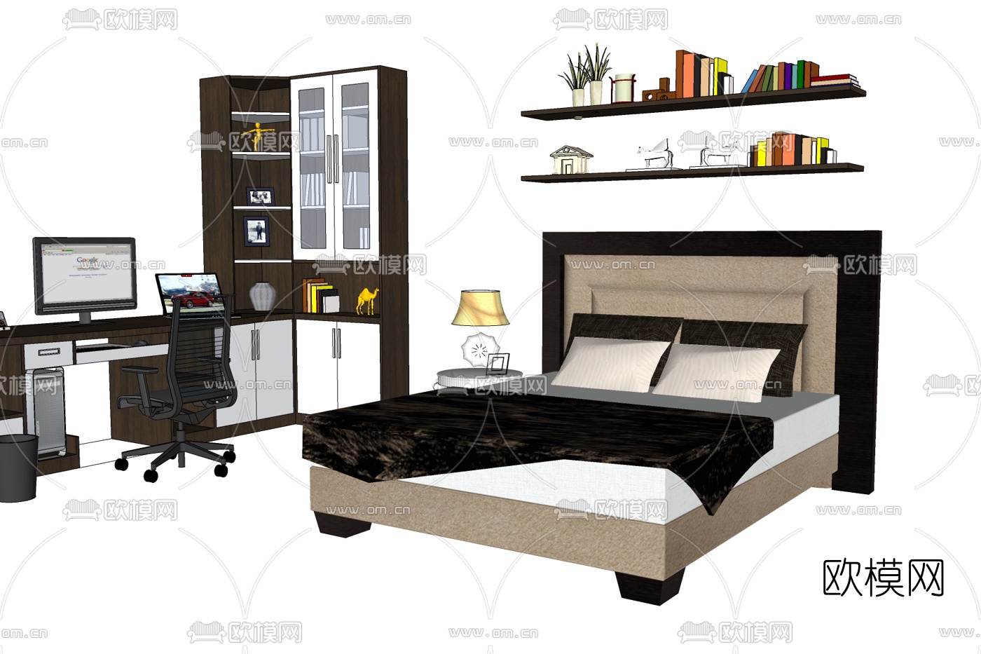 现代布艺双人床免费su模型下载