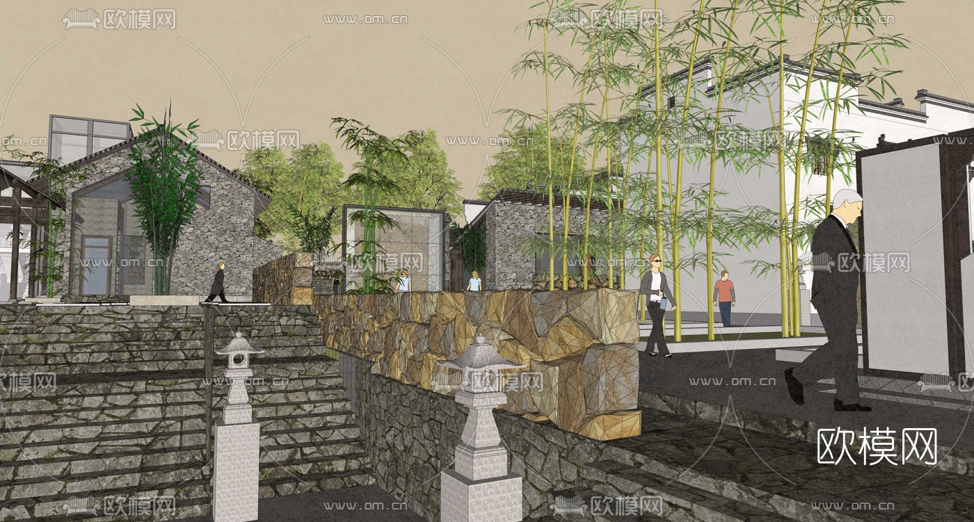 中式徽派古建外观su模型下载（渲染图2）