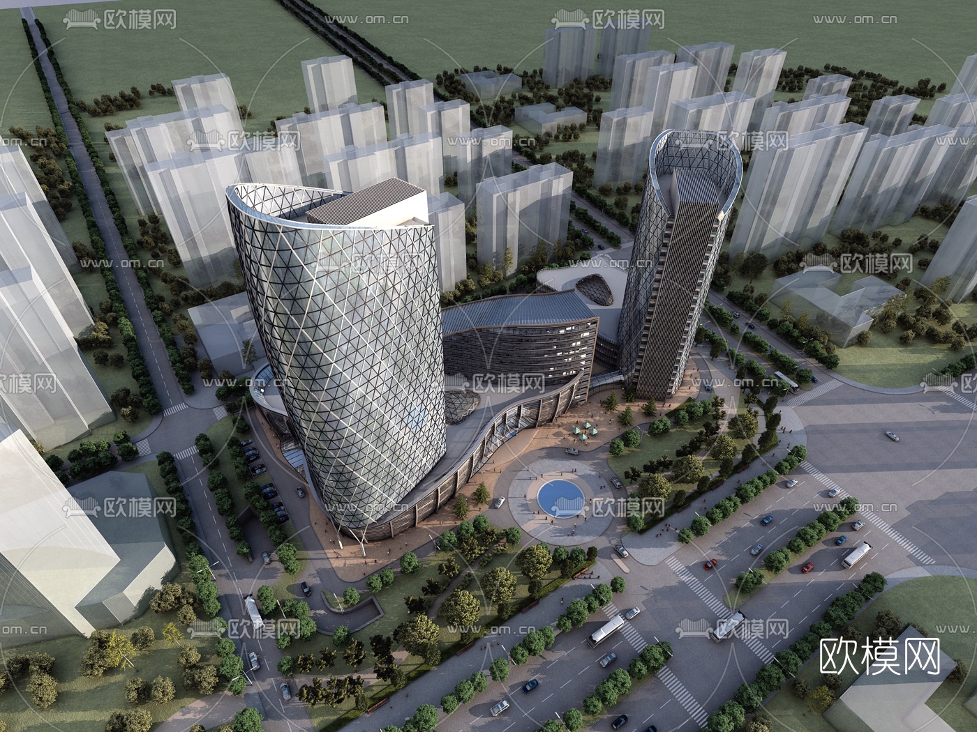 现代商业广场建筑外观3d模型-免费3dmax模型库-欧模网