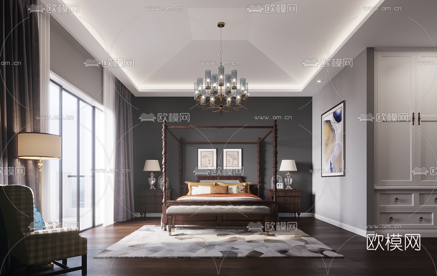 美式卧室主人房3d模型下载（渲染图1）