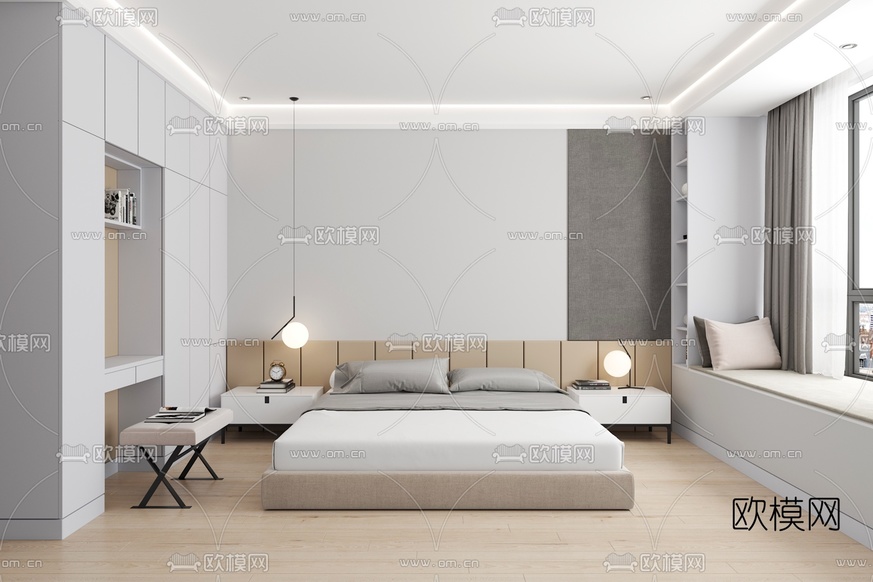 现代简约卧室3d模型下载(渲染图1)