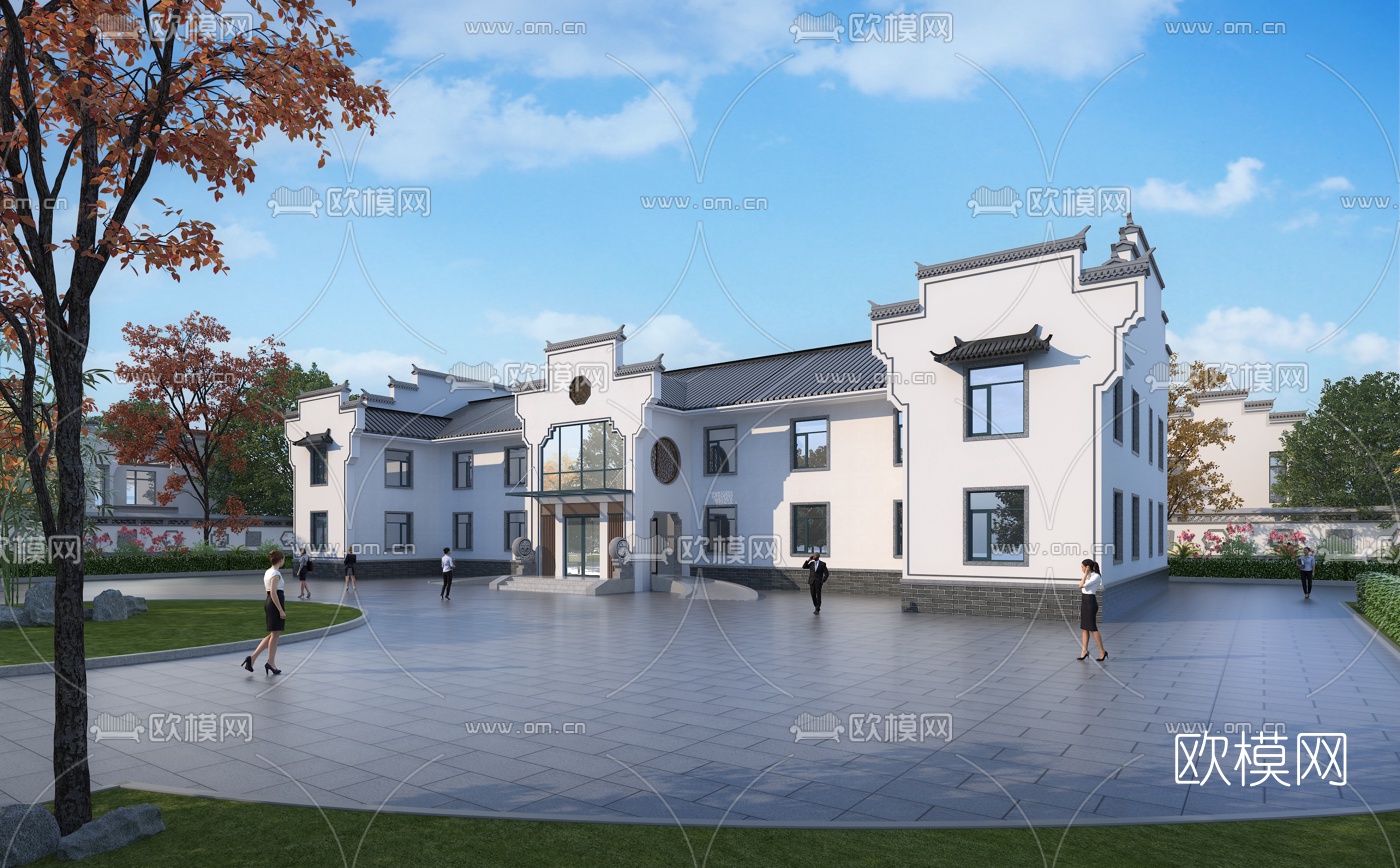 新中式办公房建筑外观3d模型下载