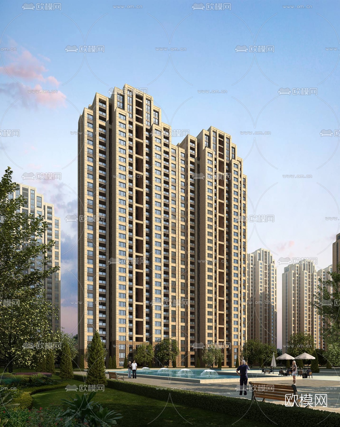 简欧高层住宅小区鸟瞰3d模型下载（渲染图2）