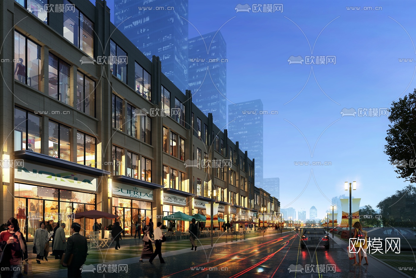 现代沿街商铺外观夜景3d模型下载