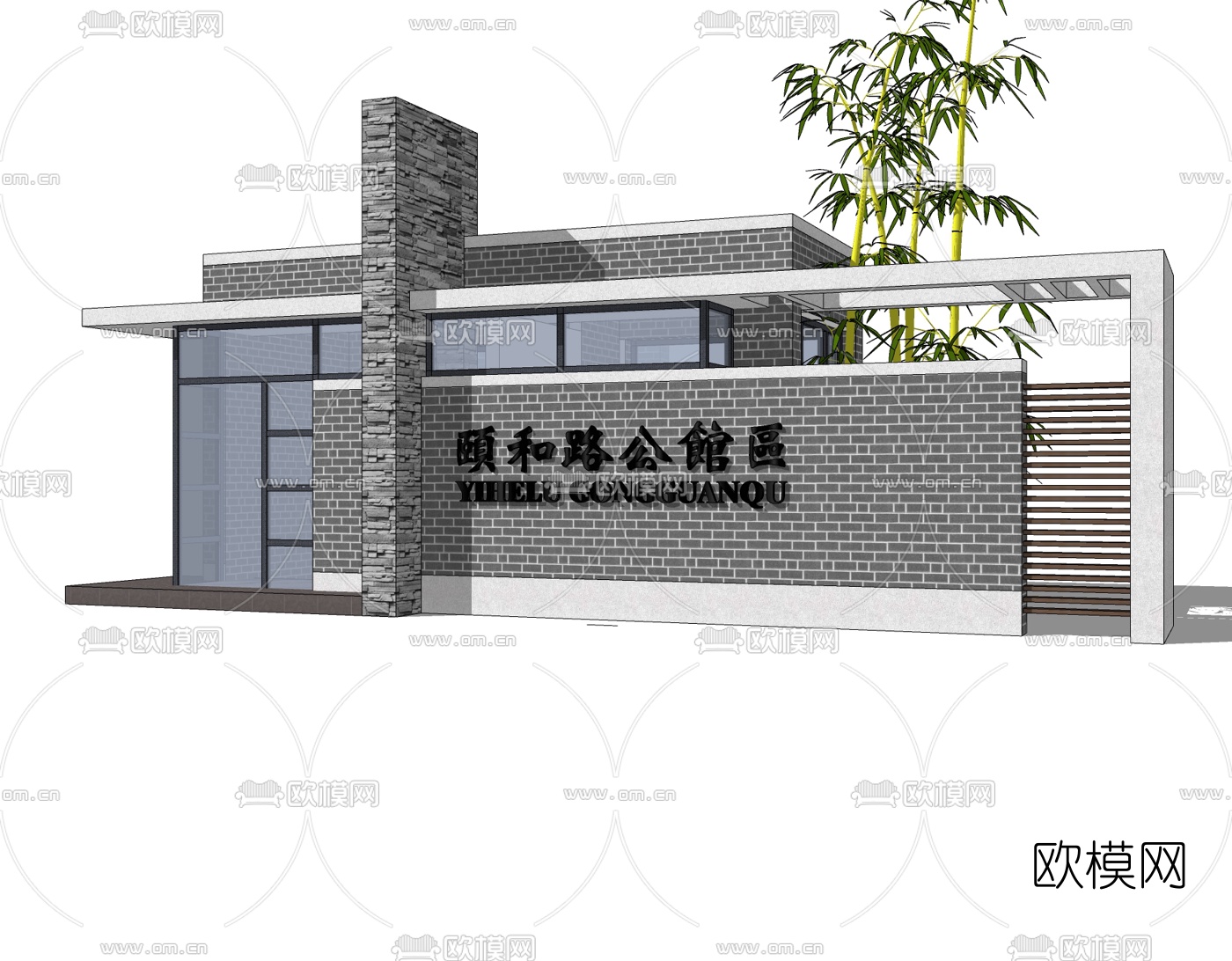 新中式小区门头su模型