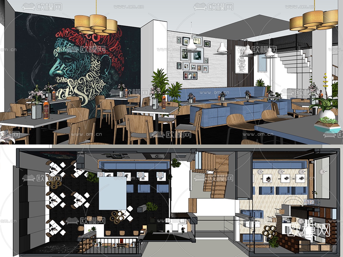 现代主题餐厅su模型下载（渲染图1）