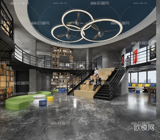 工业风办公休闲区3d模型下载(渲染图1)