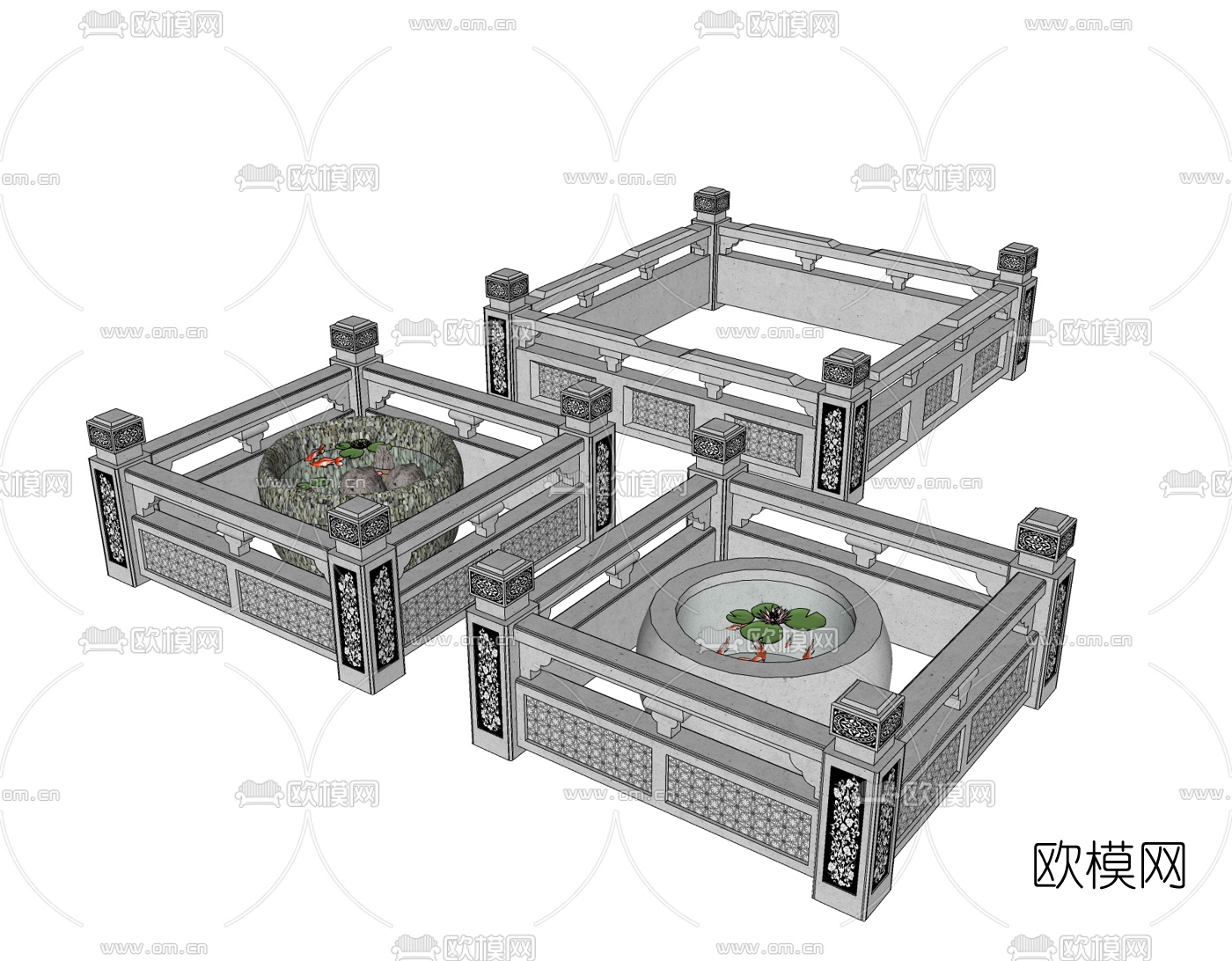 中式水缸围栏小品免费su模型下载