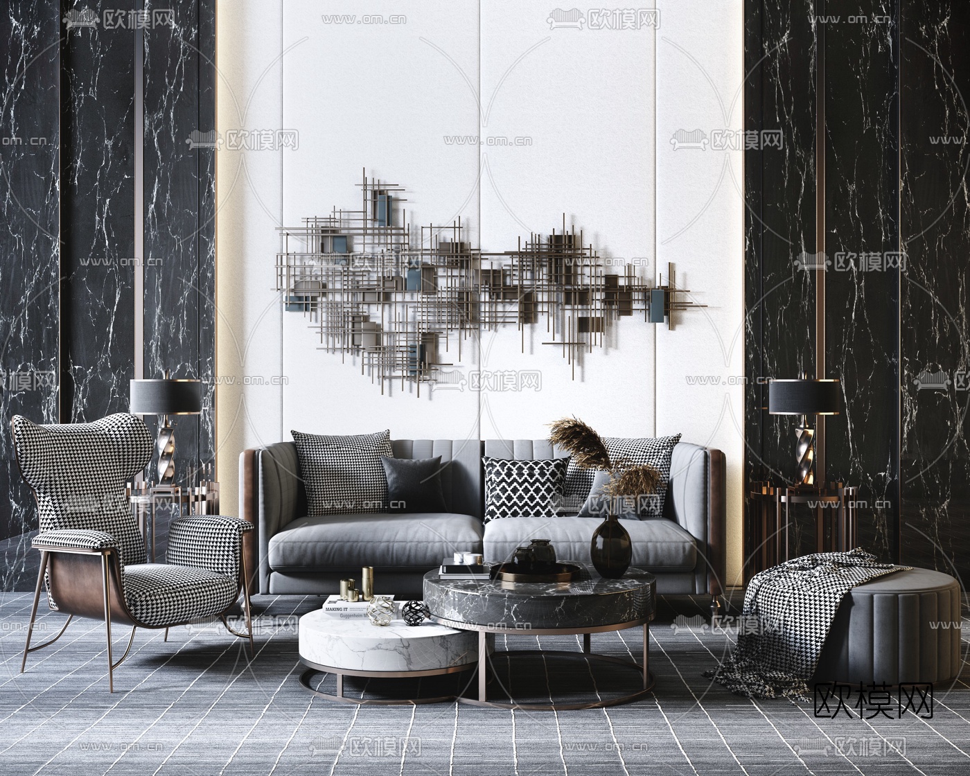 现代轻奢布艺沙发组合3d模型下载