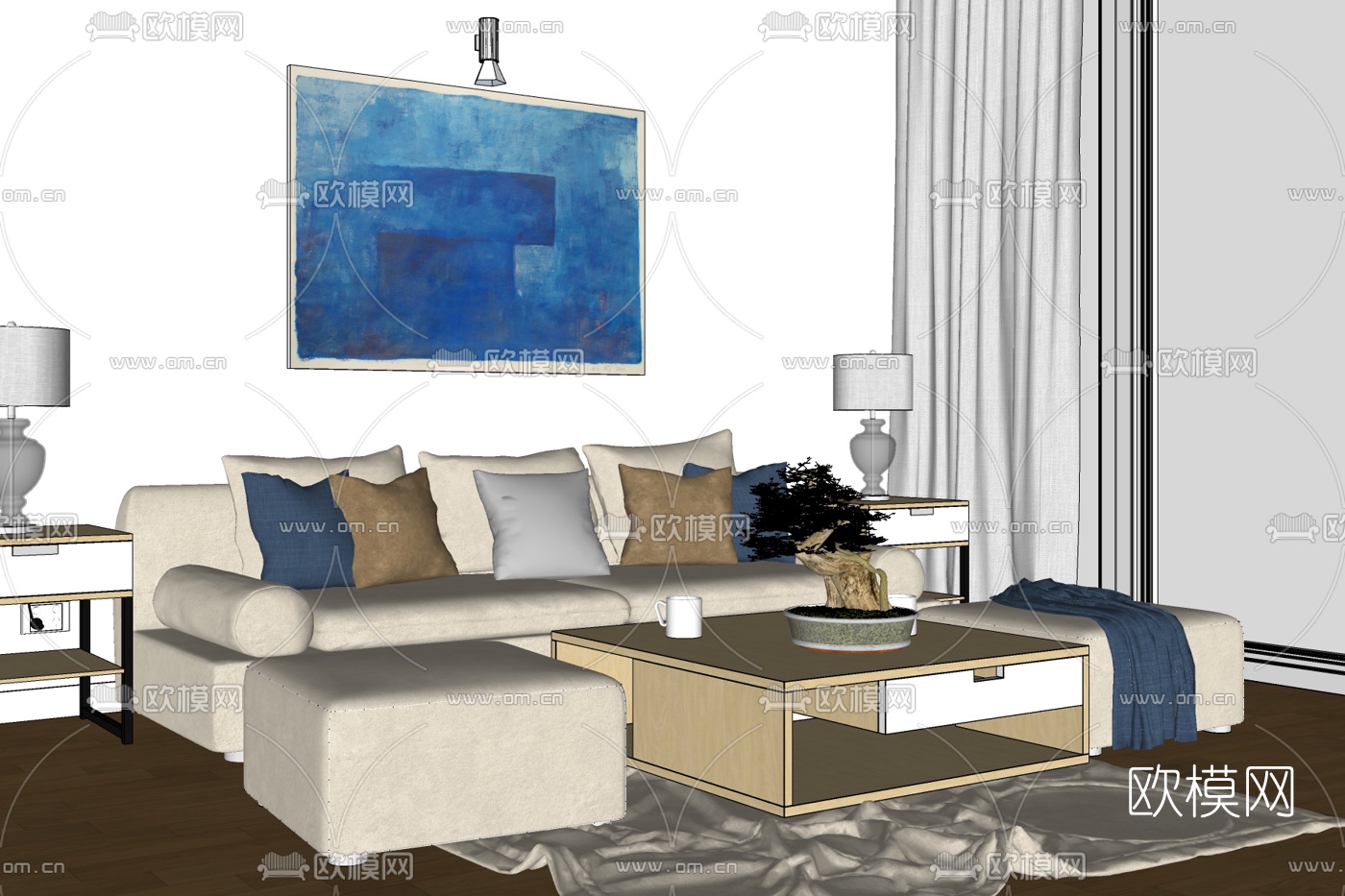 现代布艺沙发组合免费su模型下载