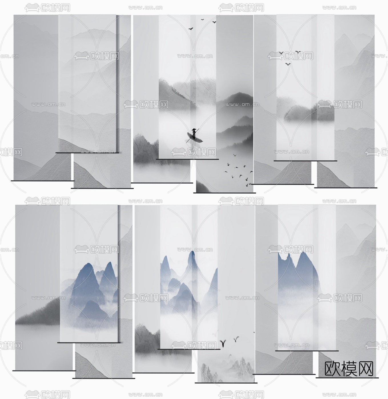 新中式水墨山水卷帘组合3d模型下载