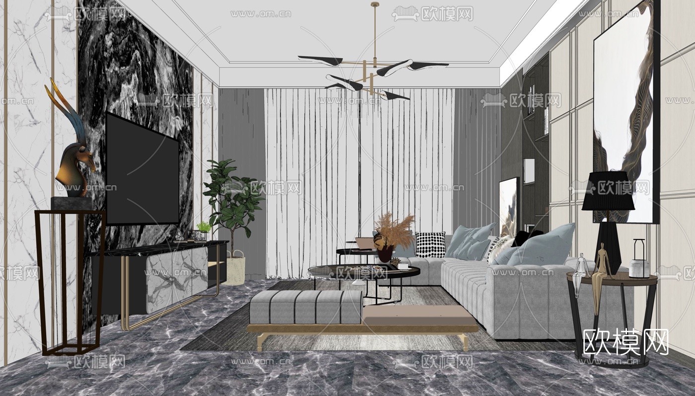 现代轻奢客厅su模型下载（渲染图2）