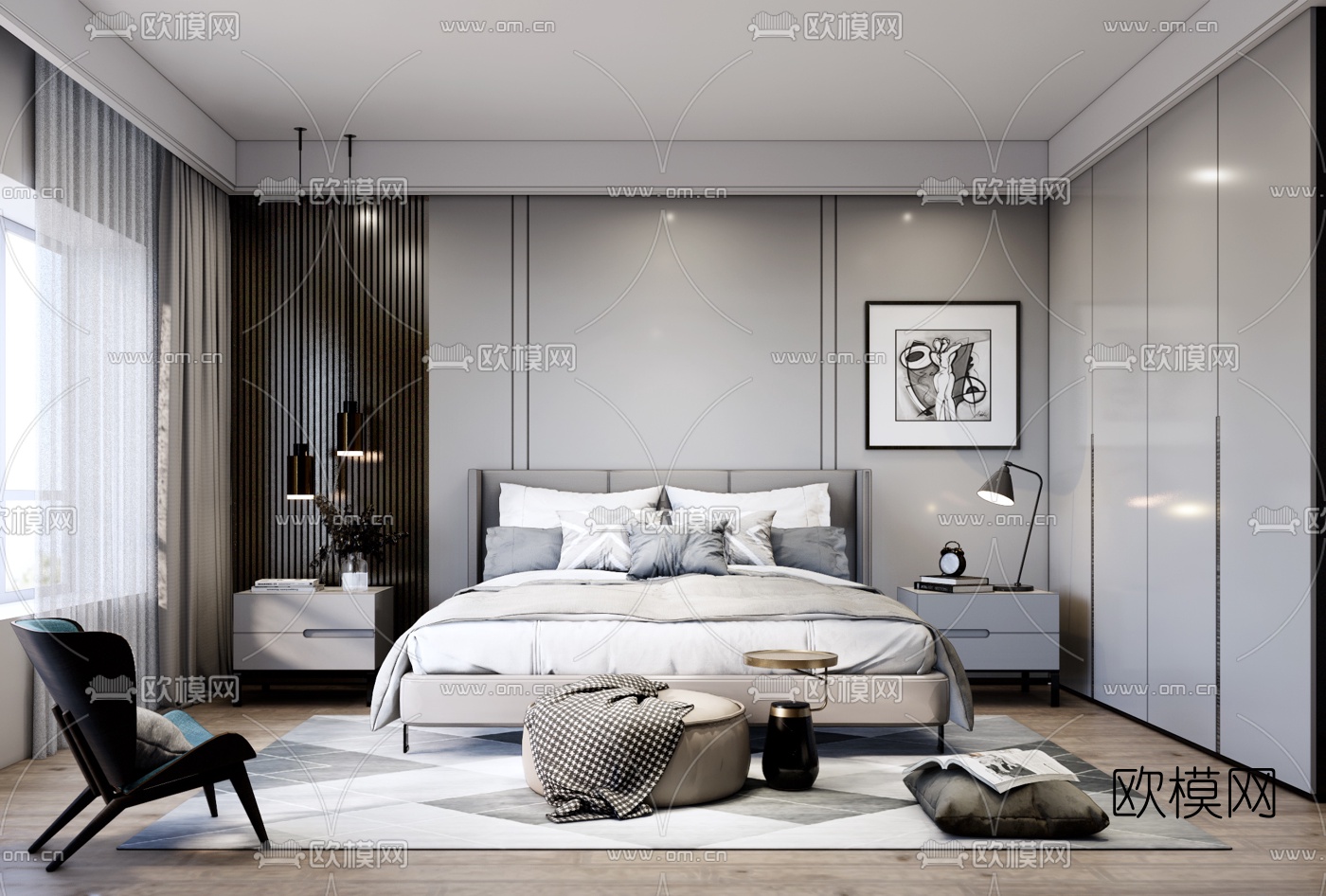 北欧卧室su模型下载（渲染图1）