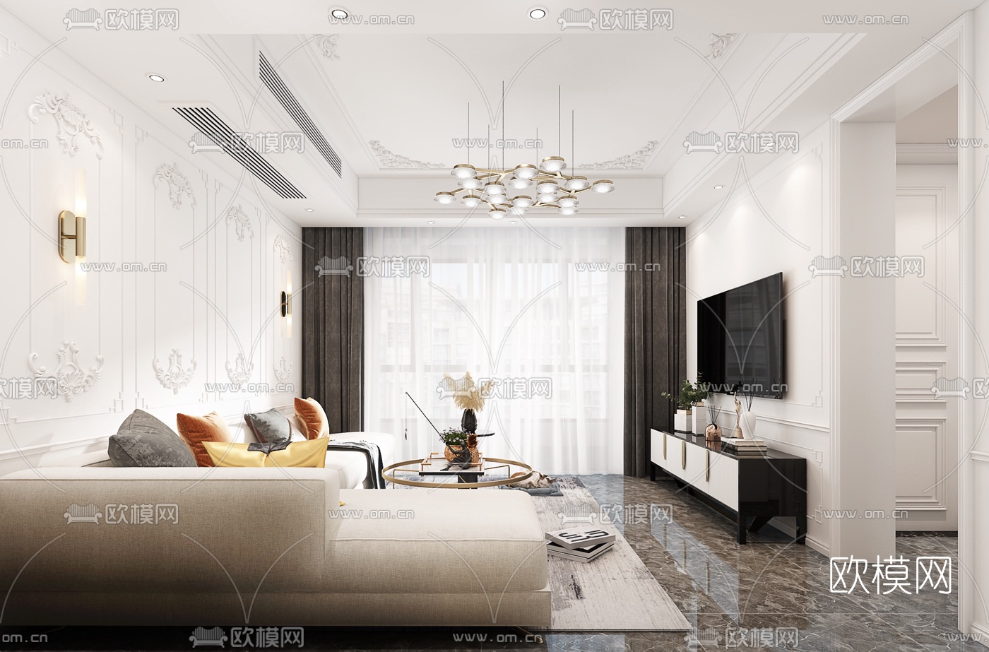 简欧客厅餐厅3d模型-免费3dmax模型库-欧模网