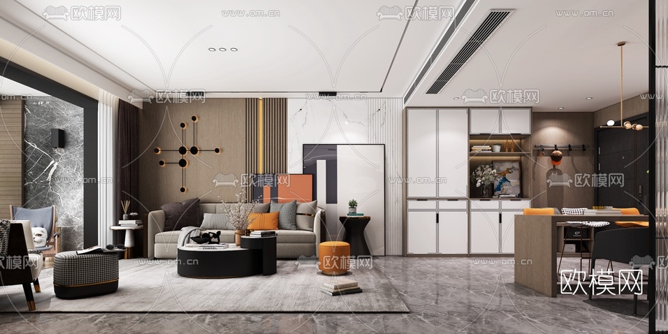 现代轻奢客厅餐厅3d模型下载(渲染图1)