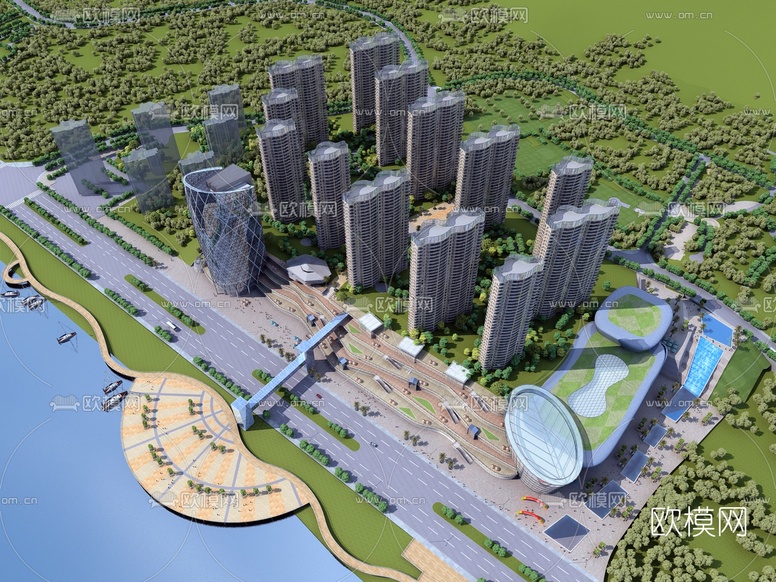 现代住宅区鸟瞰规划3d模型下载