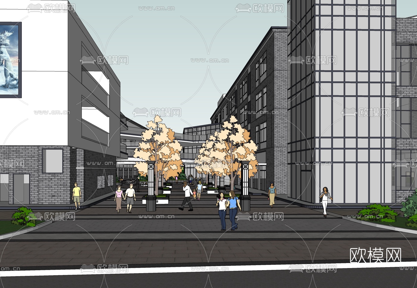 新中式商业街免费su模型下载