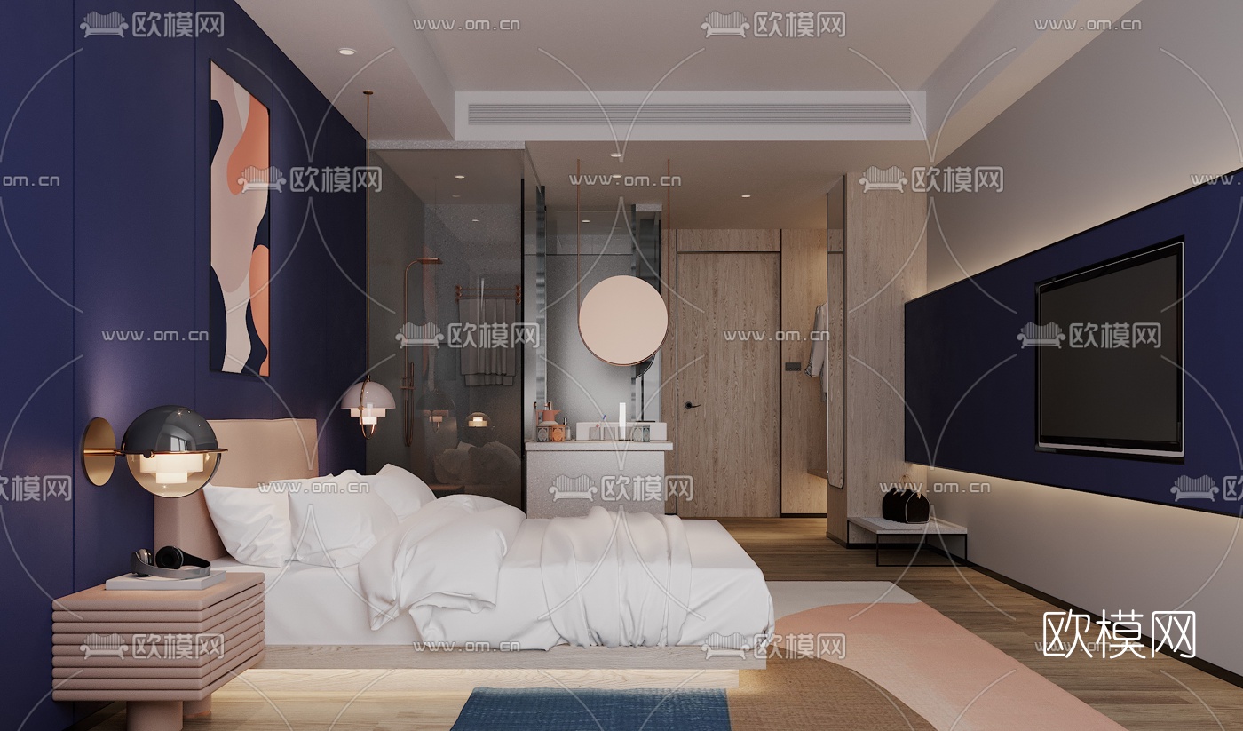 后现代酒店客房3d模型下载（渲染图1）