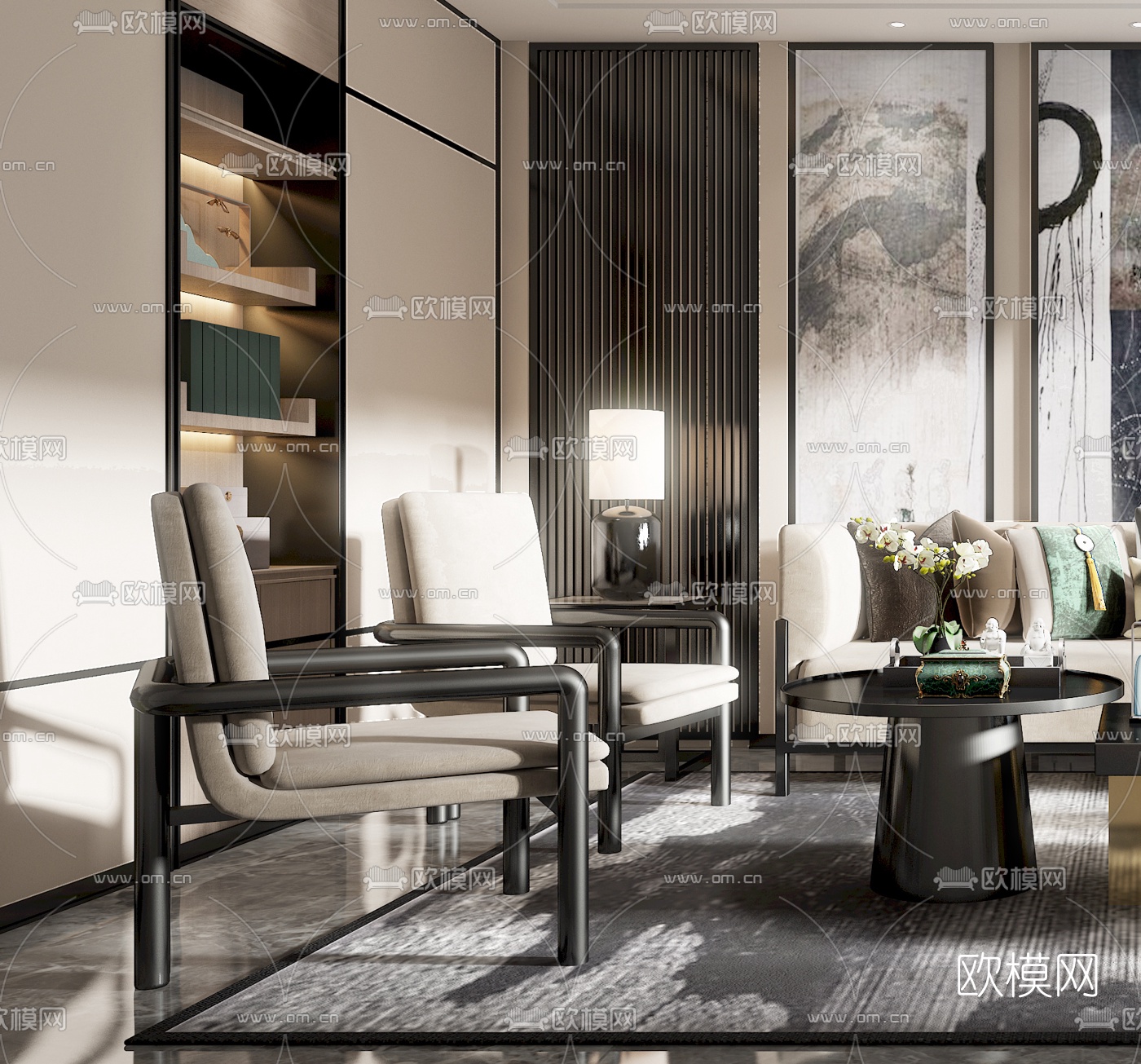 新中式客厅沙发组合3d模型下载（渲染图3）