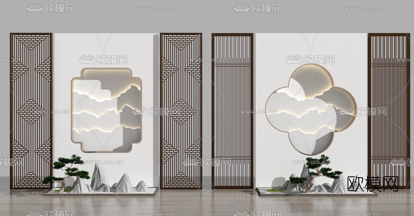 新中式花格隔断背景墙3d模型