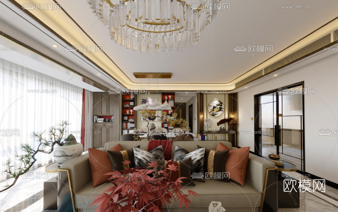 新中式轻奢客厅餐厅cr全景3d模型