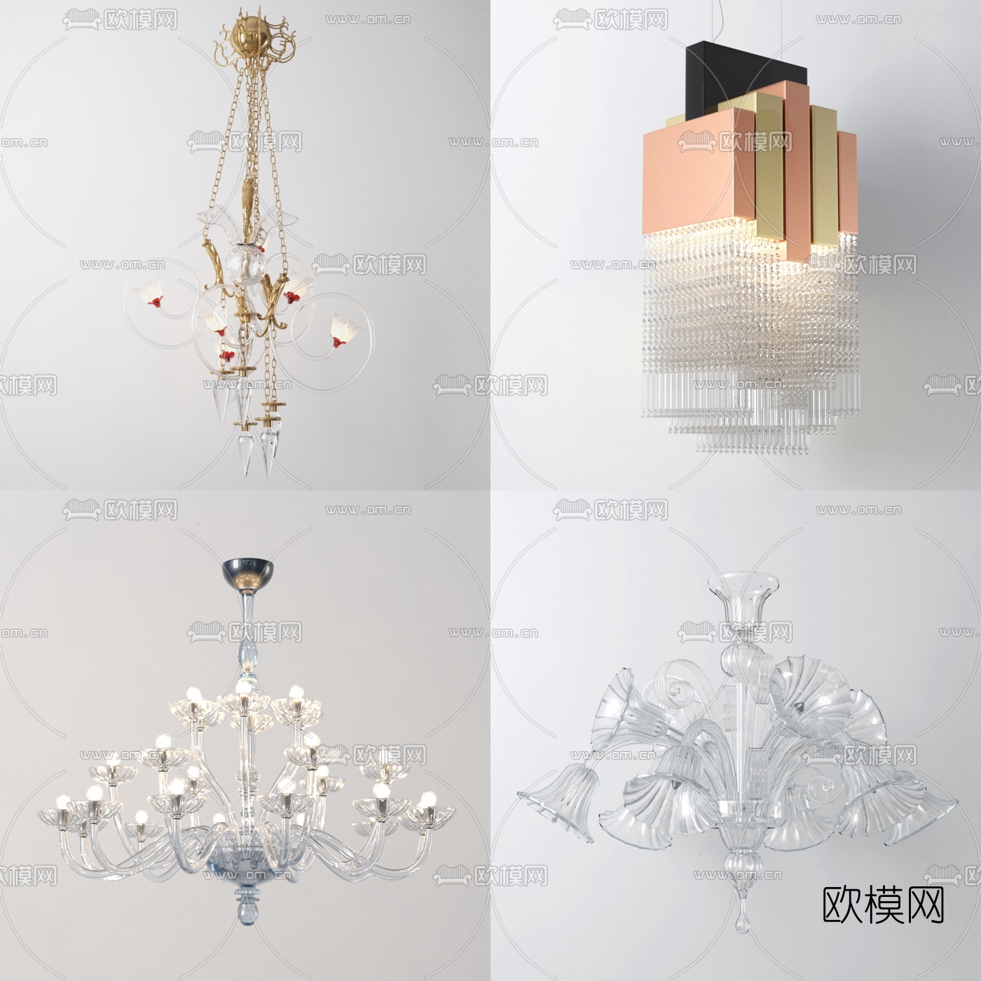 简欧创意玻璃水晶吊灯组合3d模型下载