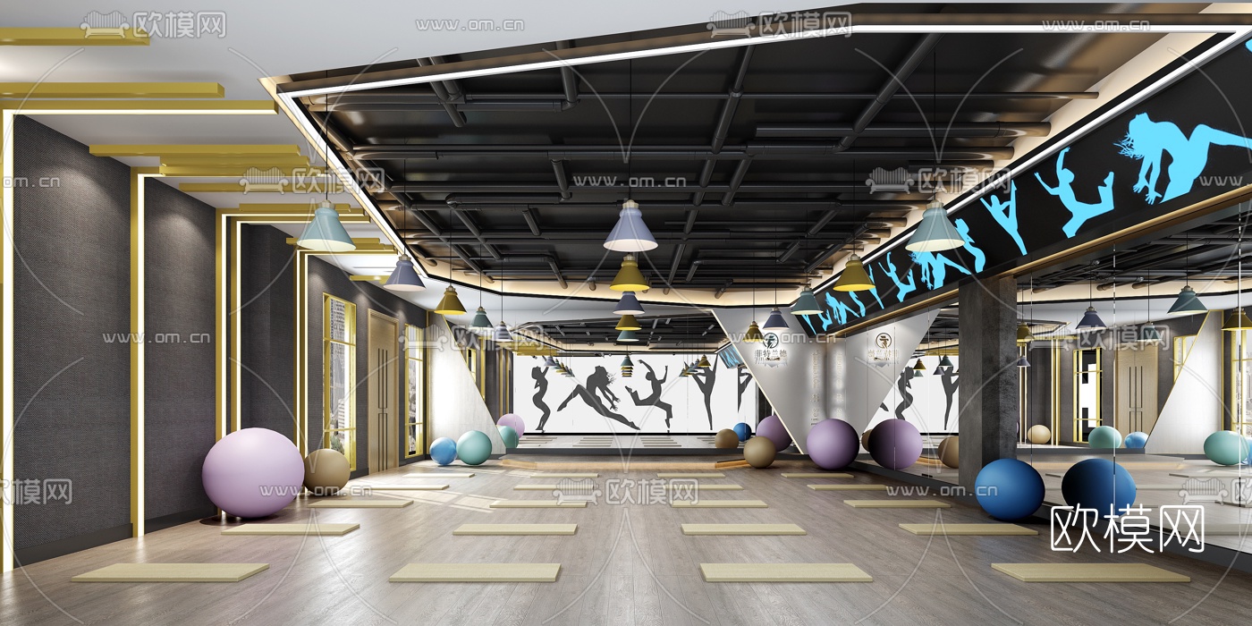 工业风健身房瑜伽室3d模型下载（渲染图1）