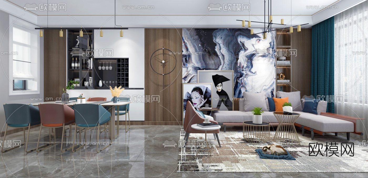 后现代客厅餐厅3d模型