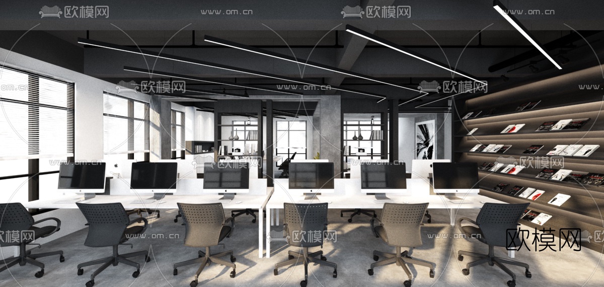 工业风敞开式办公区会议室3d模型下载（渲染图1）