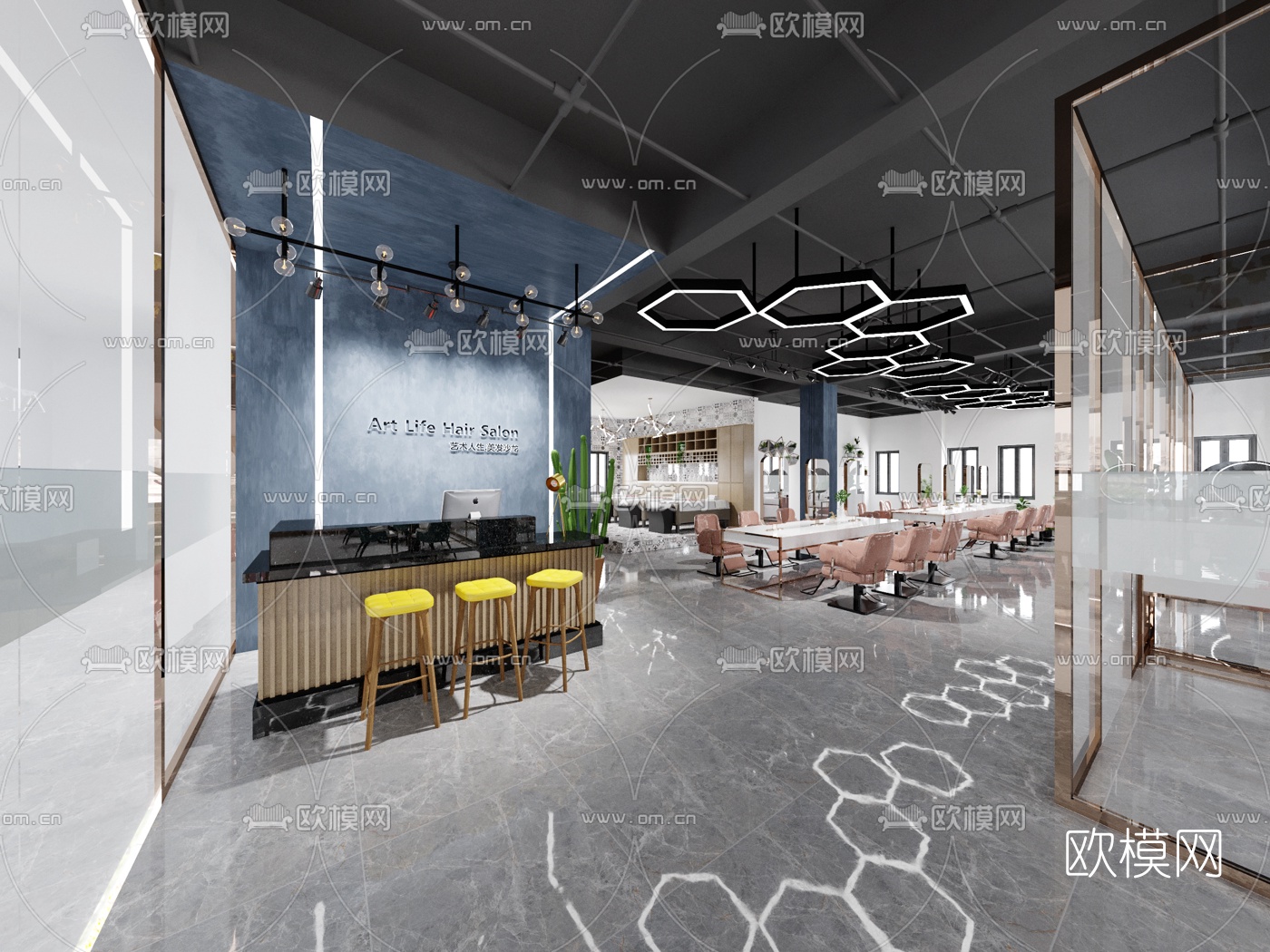 工业风理发店3d模型下载（渲染图2）