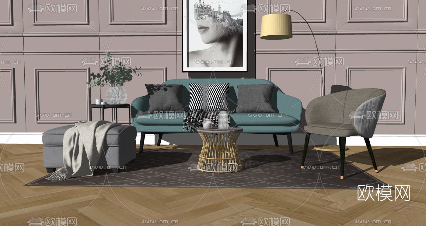 北欧轻奢沙发组合su模型下载