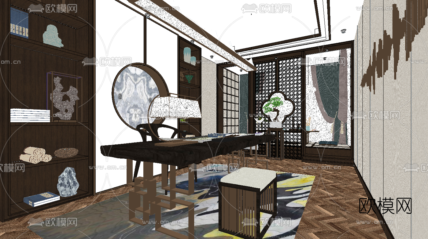 新中式书房su模型下载（渲染图1）
