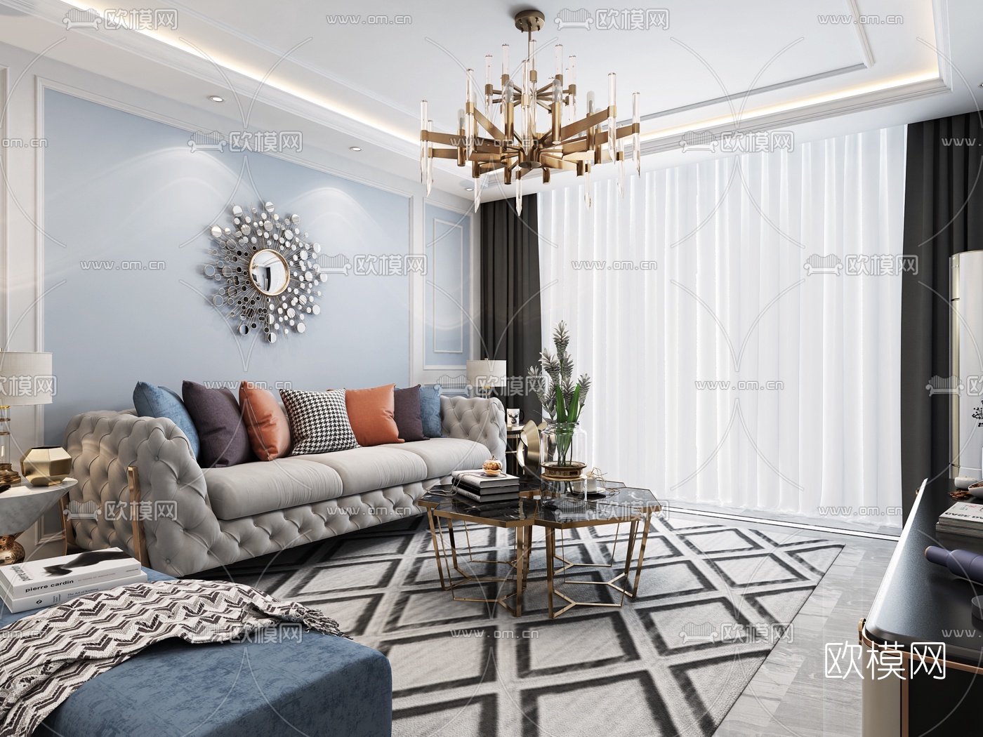 简欧客厅餐厅3d模型下载（渲染图3）