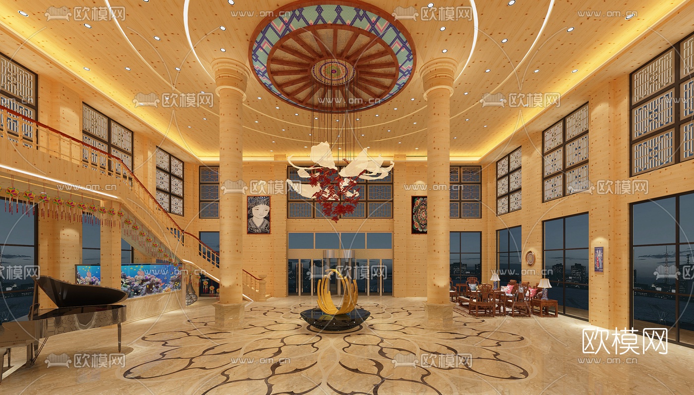 新中式酒店前台大堂免费3d模型下载（渲染图2）