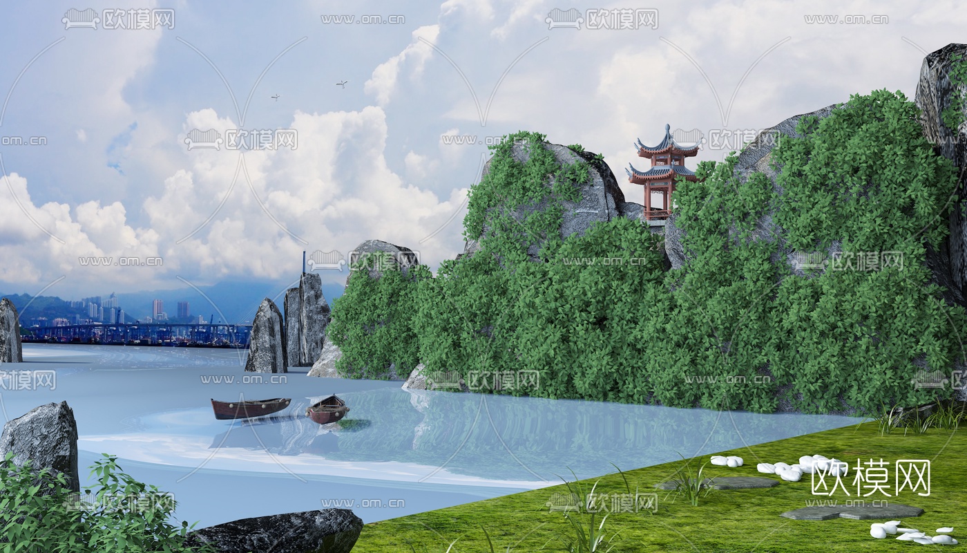 新中式江岸园林景观3d模型