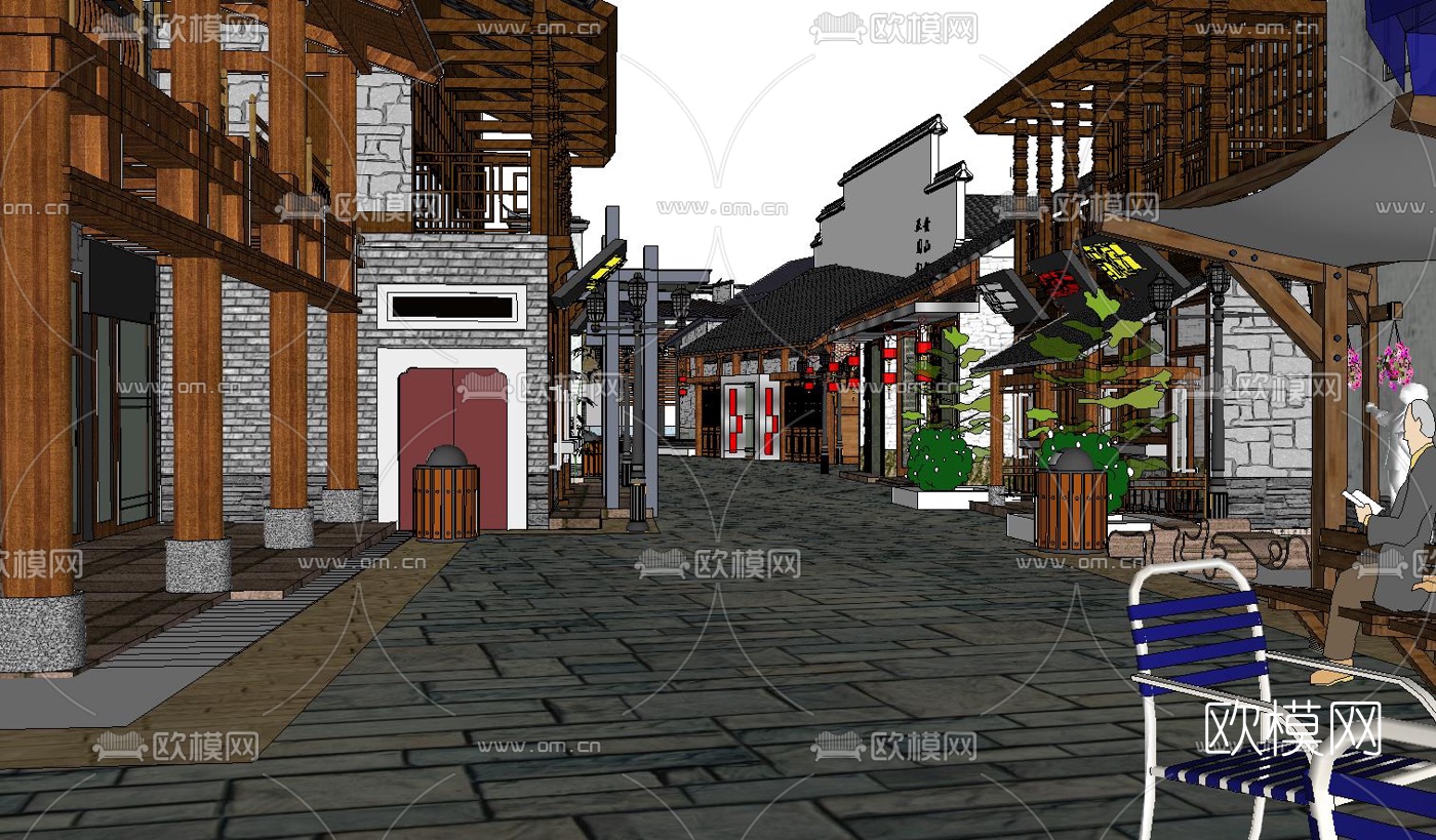 中式商业街su模型下载（渲染图1）