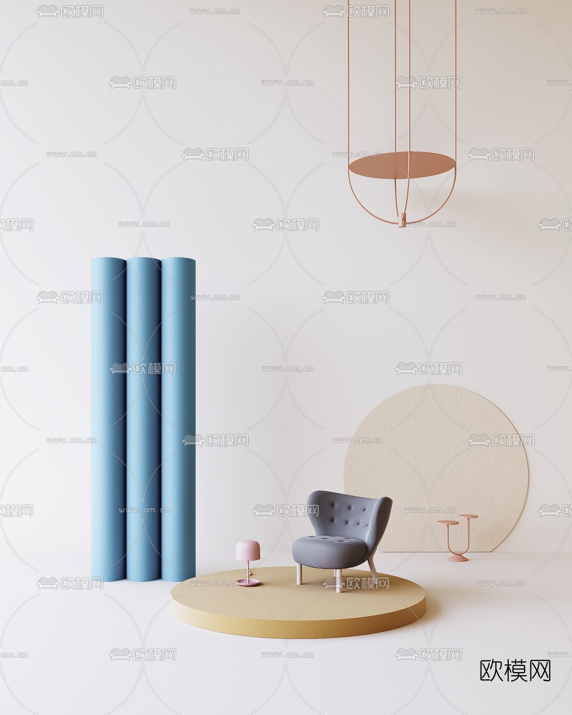 北欧布艺休闲沙发组合3d模型下载（渲染图1）