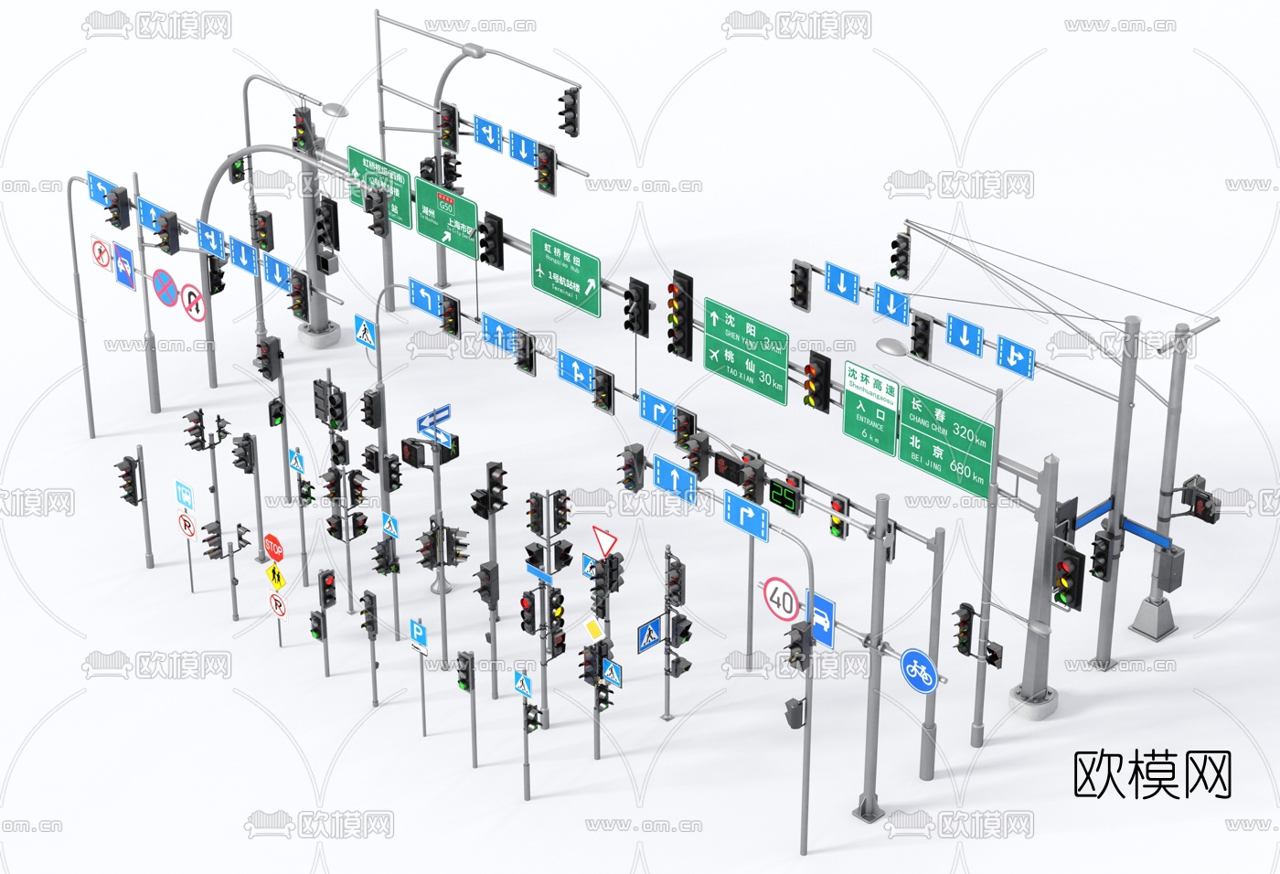 现代道路交通指示牌红绿灯3d模型